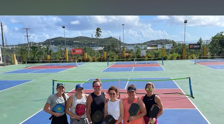 Six women lined up at the net holding paddles, courts and hills behind them
