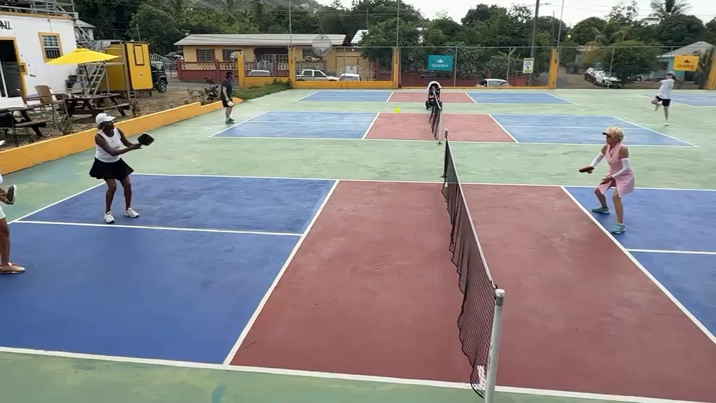 Player in a pink outfit volleying at the net on the multi-court complex